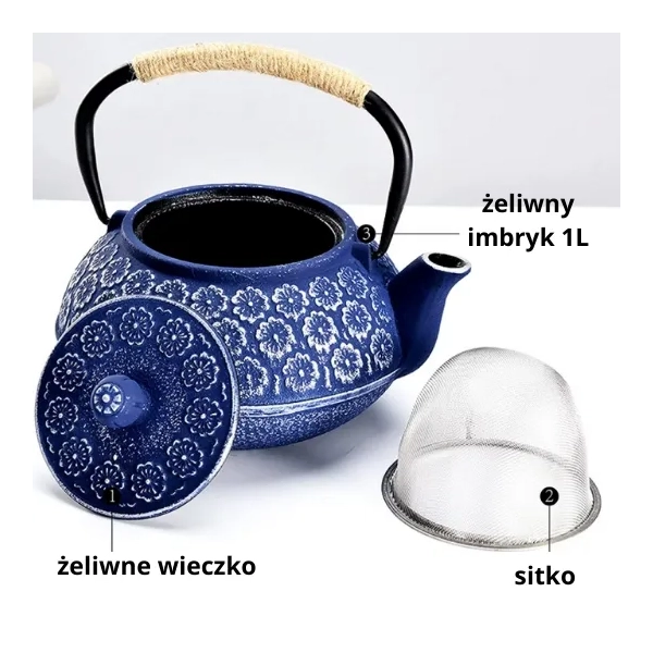 Żeliwny Imbryk, dzbanek 1000ml (niebieski z motywem kwiatu)